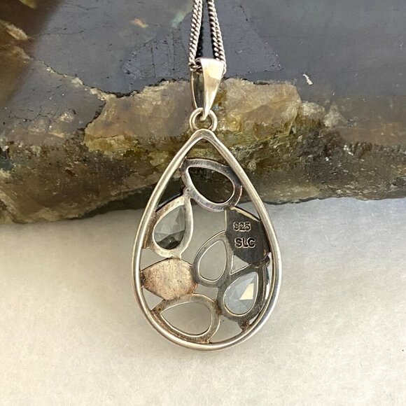 Sterling Silver 925 SLC Blue Topaz Marcasite Teardrop Pendant Necklace 18" Chain - Picture 14 of 16